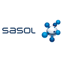 Logo von Sasol mit blauen und weißen Kugeln, die ein vernetztes Molekül darstellen.